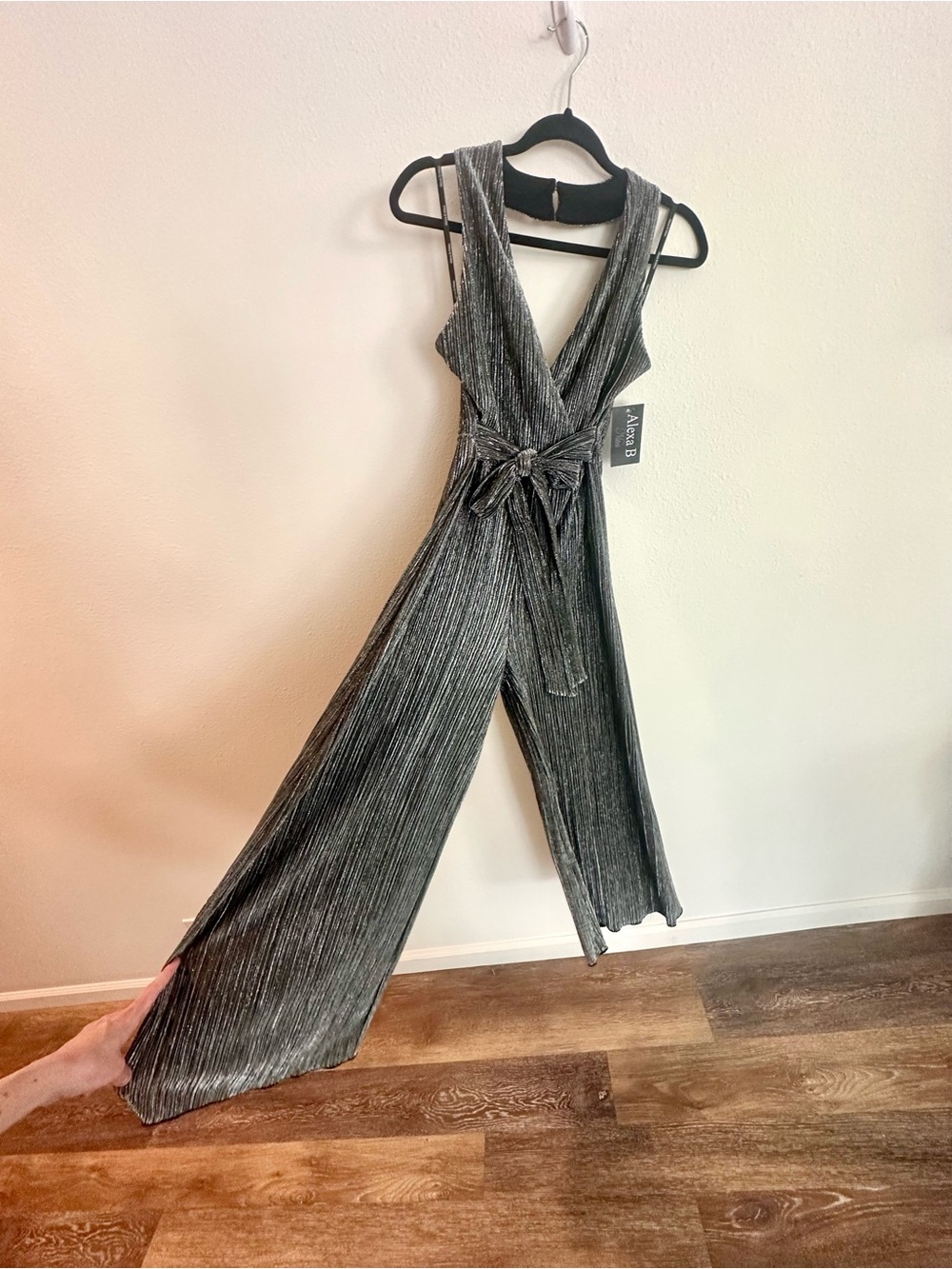 Metallic Silver and Black Jumpsuit, Halter with Tie Waist